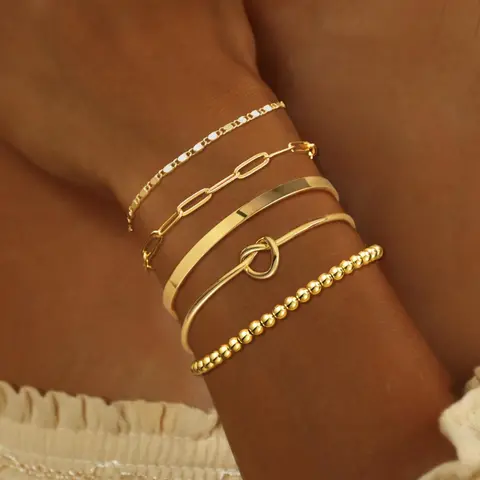 TEWIKY Bangles Bracelet Set For Women Trendy Adjustable Bead Bracelet 5pcs Cuff Bracelet Link Bracelet Non Tarnish Jewelry For Women Girls Back To School