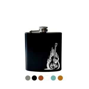Flask- Guitar with Evergreen Trees. Engraved flask.  Leather Hip Flask. hip flask stainless steel