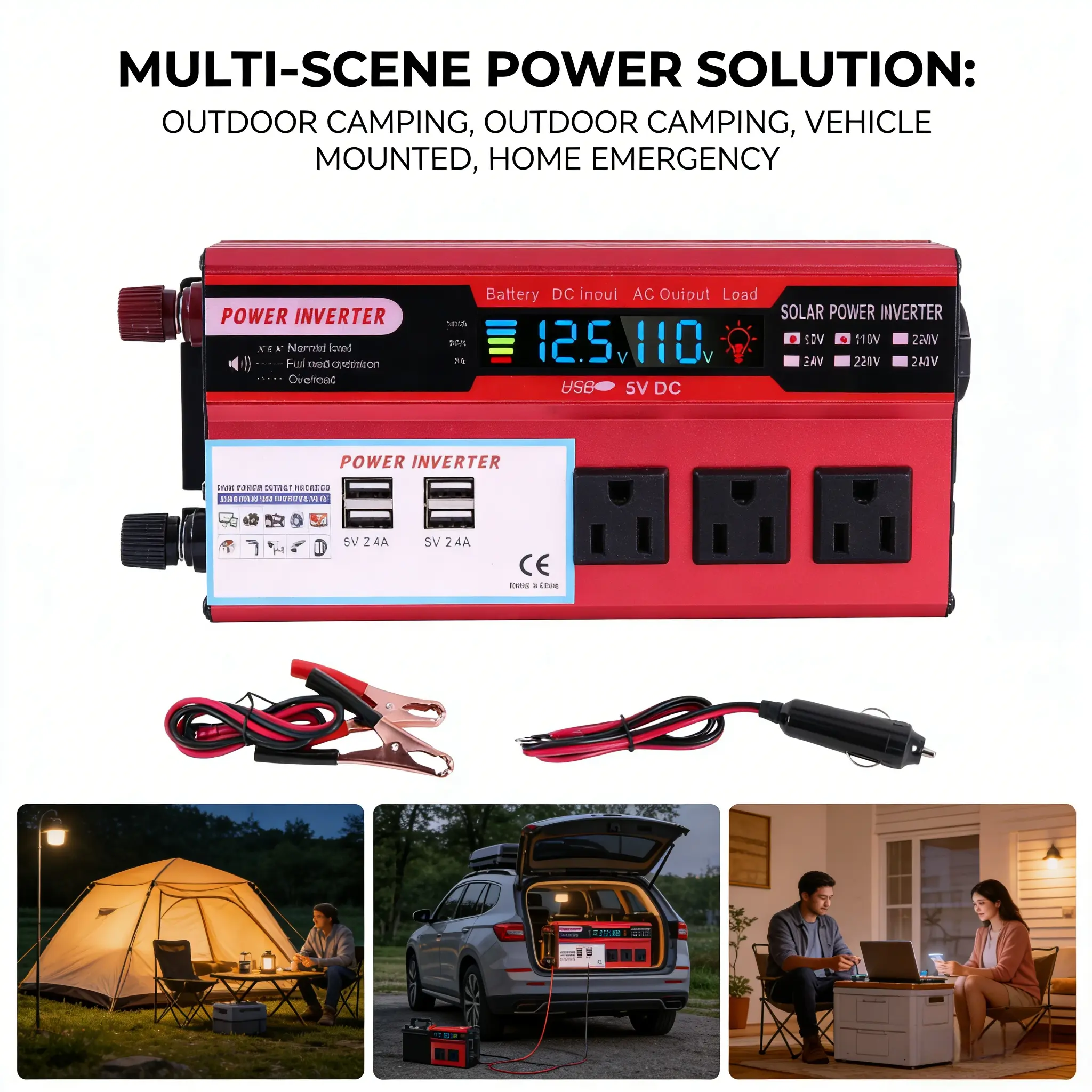 5000W Peak Durable Pure Sine Wave Car Power Inverter - 12V/24V to 110V/220V, Silent Fan, Efficient Heat Dissipation, Overheat Protection, Easy to Install, 24/7 Customer Service, Ideal for Camping & Emergency Power Backup, Outdoor Rv/Camping, Pure Sine Wav