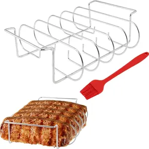 Silver Color/ Stainless Steel Rib Rack, Holds 5 Ribs, Outdoor BBQ Grill, BBQ Tools, Barbecue Accessories, Non-Stick Smoker Rack, Includes Silicone Brush, Perfect Gift for Men