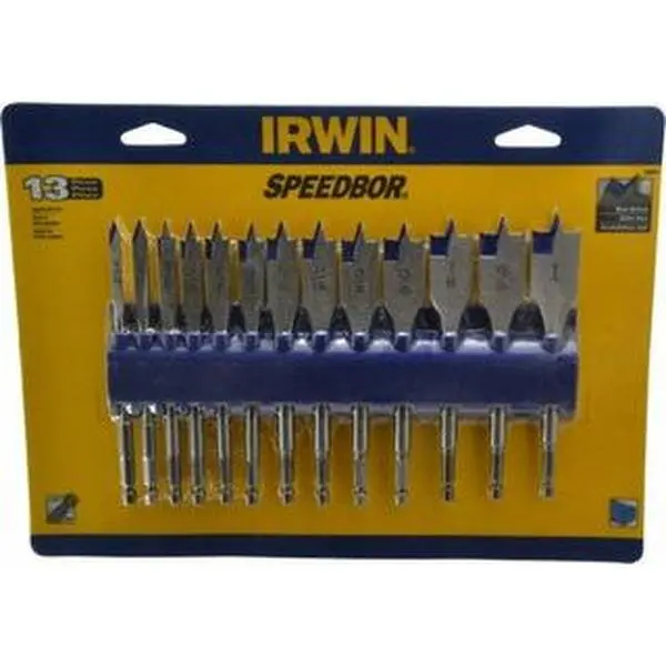 IRWIN 13-Piece Carbon Steel Spade Drill Bit Set, 1/4 to 1" Size Range, Bright Finish, Standard Point, Hex Shank, 6" OAL, Model 88887 for Drilling