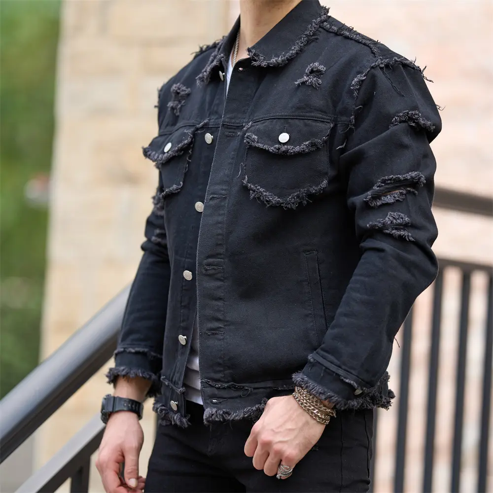 SRETOUU Men Denim Jacket Stylish Distressed Ripped Male Street Style Slim Casual Jean Jacket Coat Streetwear