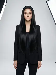 30 Inch Straight Lace Front Wig Natural Black Pre-Plucked Hairline 50% Blend Hair Full Handmade Wig Heat Resistant Glueless Human Hair