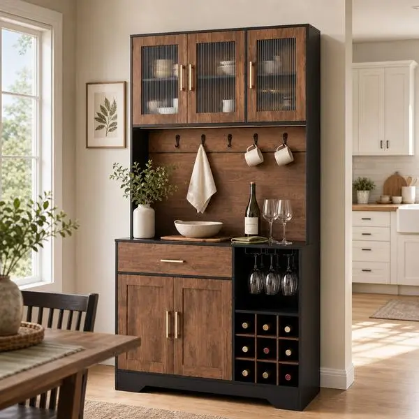 King Oasis 71" Kitchen Pantry Cabinet with Warm LED Light and Charging Station, Coffee Bar Cabinet with Hutch, Pantry Storage Cabinet with Microwave Stand, Wine Rack, Hooks and Drawer, Black-Brown