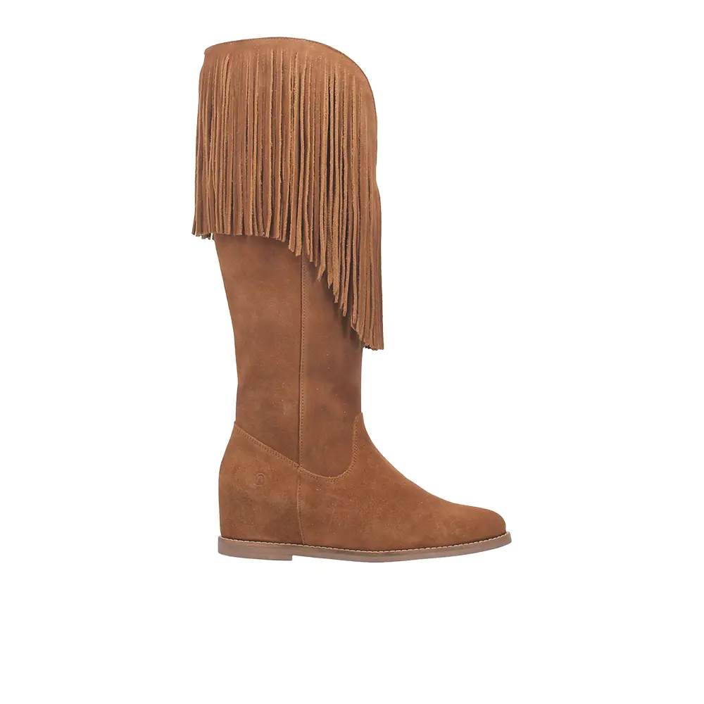 Dingo Womens Hassie Fringe Round Toe Pull On Casual Boots Knee High Mid Heel 2-3" - Brown