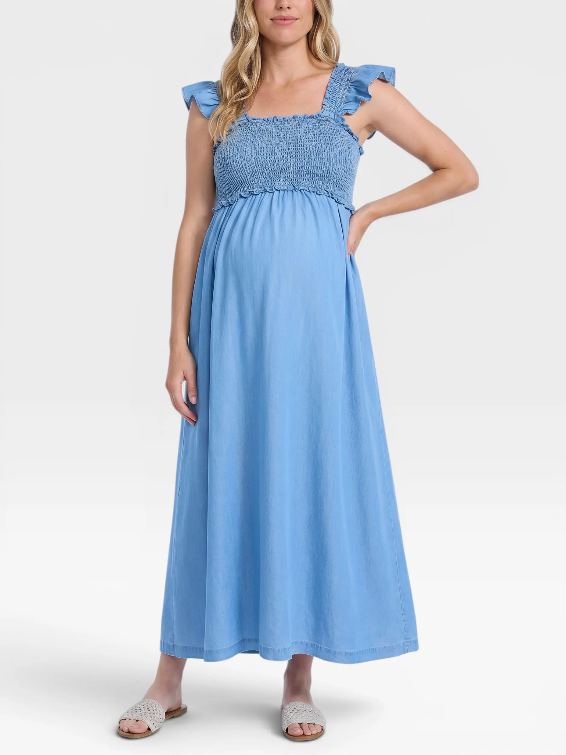 Motherhood Maternity Sleeveless Ruffle Shoulder Smocked Maxi Dress for Pregnancy - Comfortable & Stylish Motherhood Maternity Sleeveless Ruffle Shoulder Smocked Maxi Dress for Pregnancy - Comfortable & Stylish