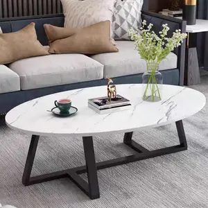 Coffee  White Faux Marble Coffee  For  Room,Oval Modern Center  Tea  For Small Space,Wooden  Room  End  With Sturdy Black Metal Leg table living Mirrored Console Inlay Dining Mobile Standing Desk Wheels