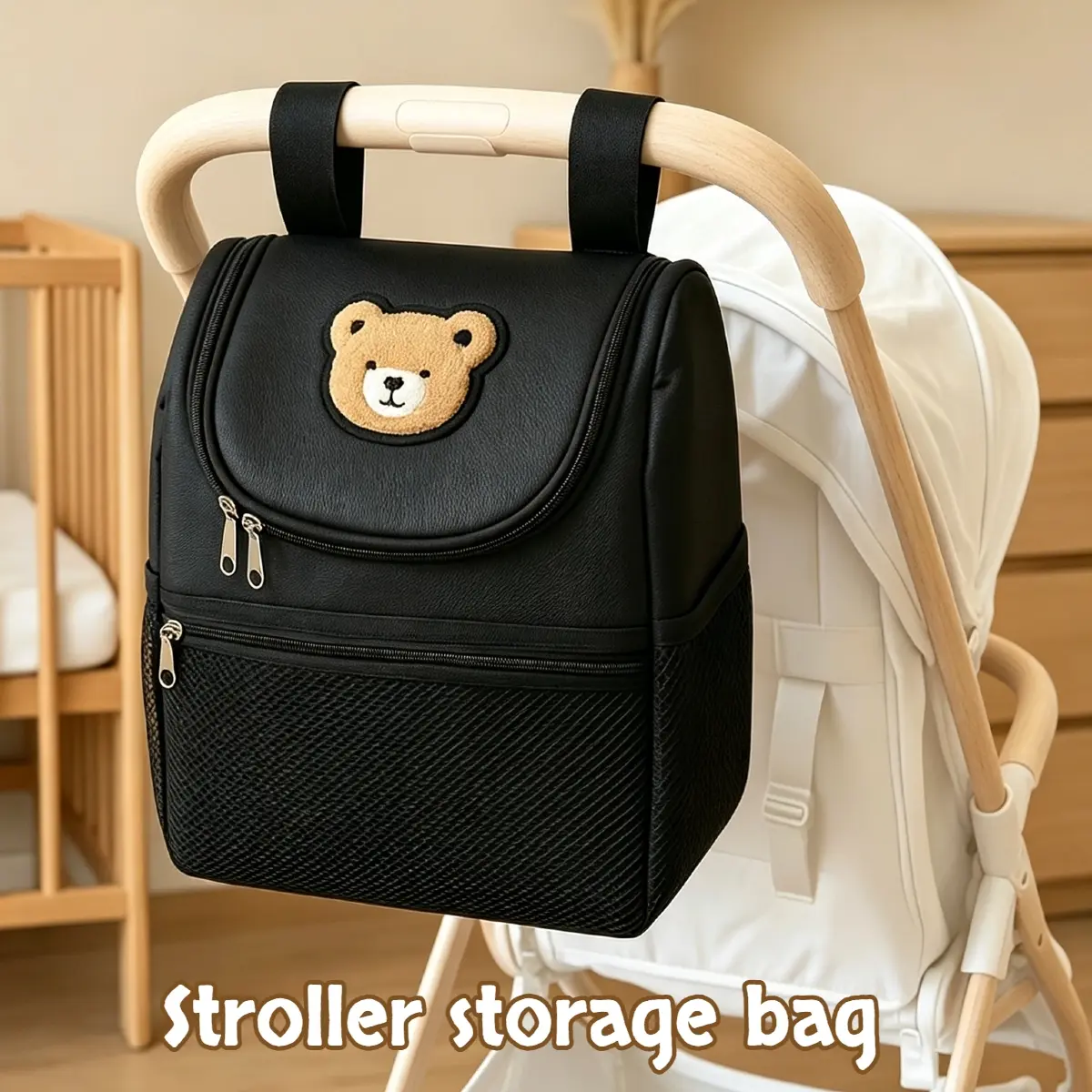 1pc children's stroller storage bag with cute bear applique, multifunctional Travel diaper storage box, ample storage space, a must-have item for moms, Travel Diaper Tote, Diaper Bags