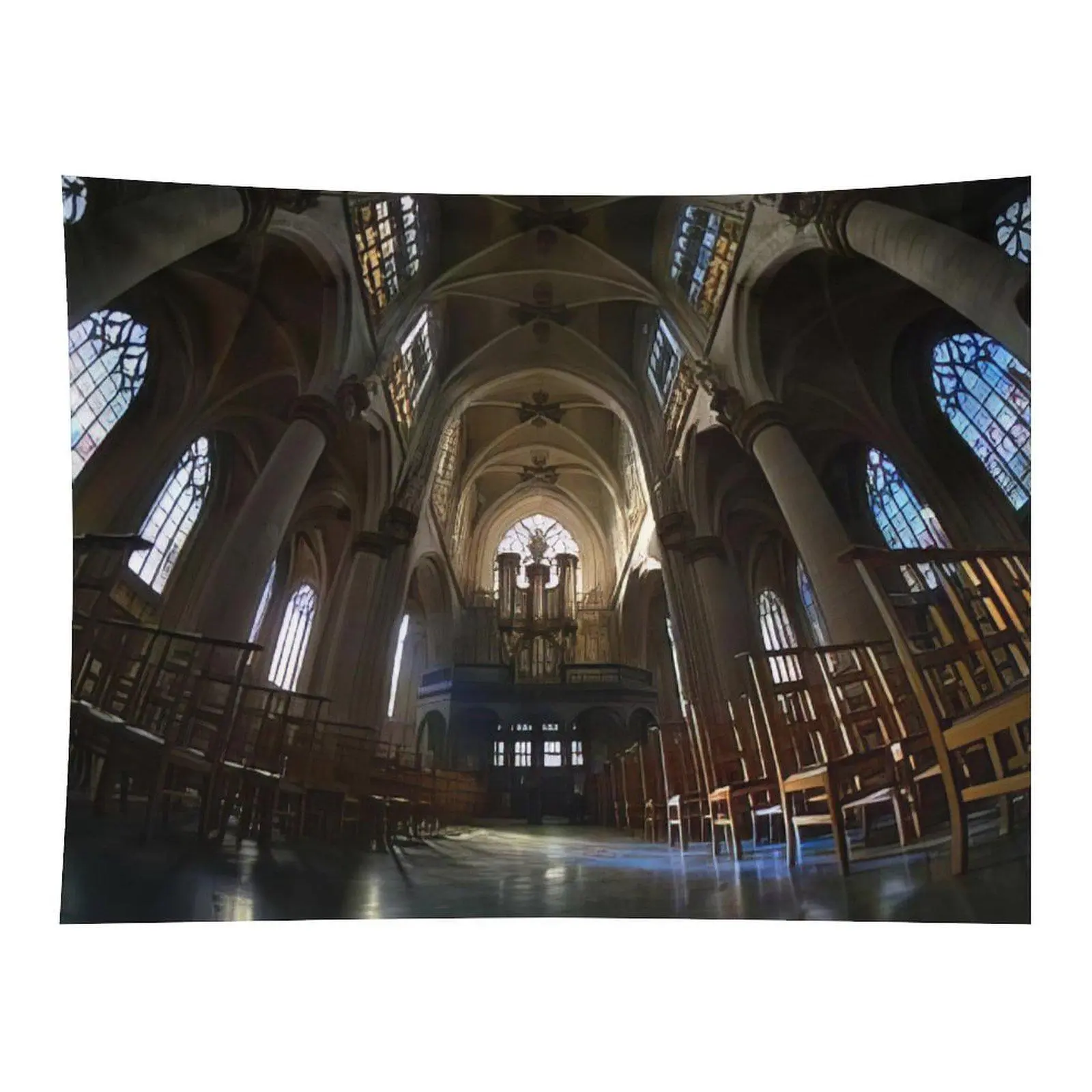 Gothic Vintage Cathedral Church Interior Wall Tapestry, Stained Glass Arched Hall Architecture Painting For Mysterious Home Wall Decoration