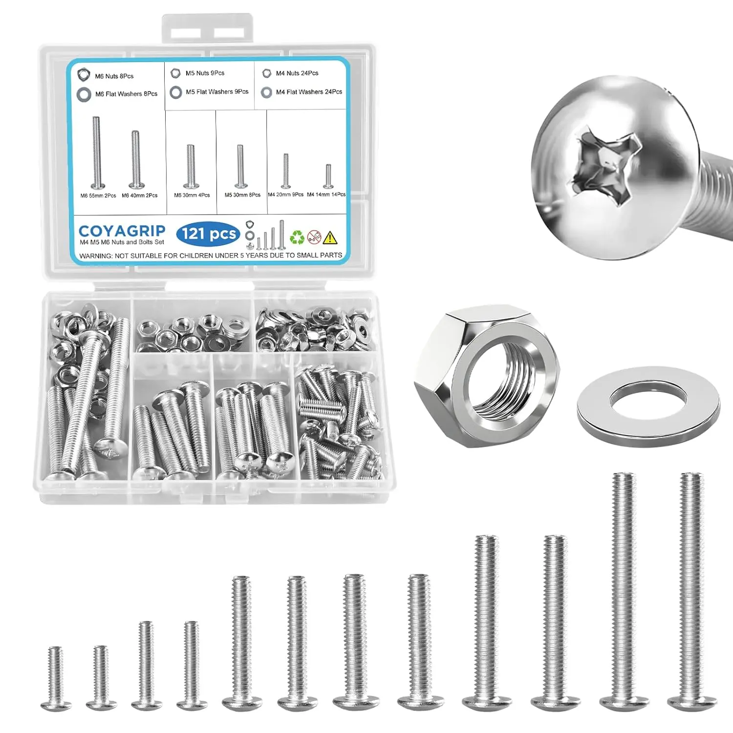 121PCS Nuts and Bolts Assortment Kit, M4 M5 M6 Phillips Head Machine Screws Assorted Set with Storage Case, Small Metric Bolts Nuts and Flat Washers Kit
