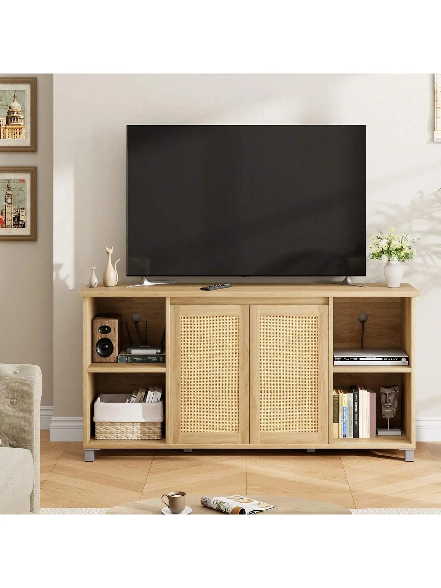 【Christmas Gift】63'' Farmhouse TV Cabinet, Entertainment Center With Storage Shelves & Glass Doors, Wooden Media Console Cabinet With Rattan Design,  TV Cabinet For Living Room, Bedroom, Nature Oak