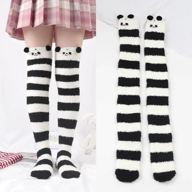 Women's Coral Velvet Knee-Length Striped Animal Socks, Soft Warm Thick One Size Home Sports Socks (Bear, Fox, Sheep Designs)
