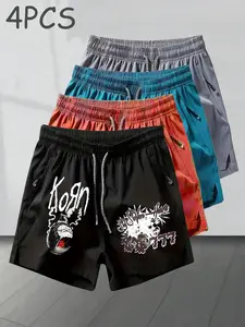 4-Pack American Rock Shorts, Punk Fashion, Korn Band Graffiti Print, Quick-Dry Breathable Fabric, Unisex, All Seasons