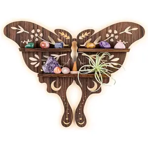 ANROYE Luna Moth Crystal Shelf Display, Boho Pine Wood Wall Floating Shelves with Light for Gem Stone Essential Oil Storage, Bohemian Wooden Butterfly Hanging Witch Rustic Decor Holder