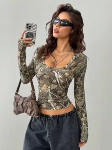 Women's Y2K Vintage Branch Full Print Fashion Lady Sexy Shoulder V-Neck Long Sleeve Fit T-Shirt Top, All Season, X-Type Silhouette Womenswear