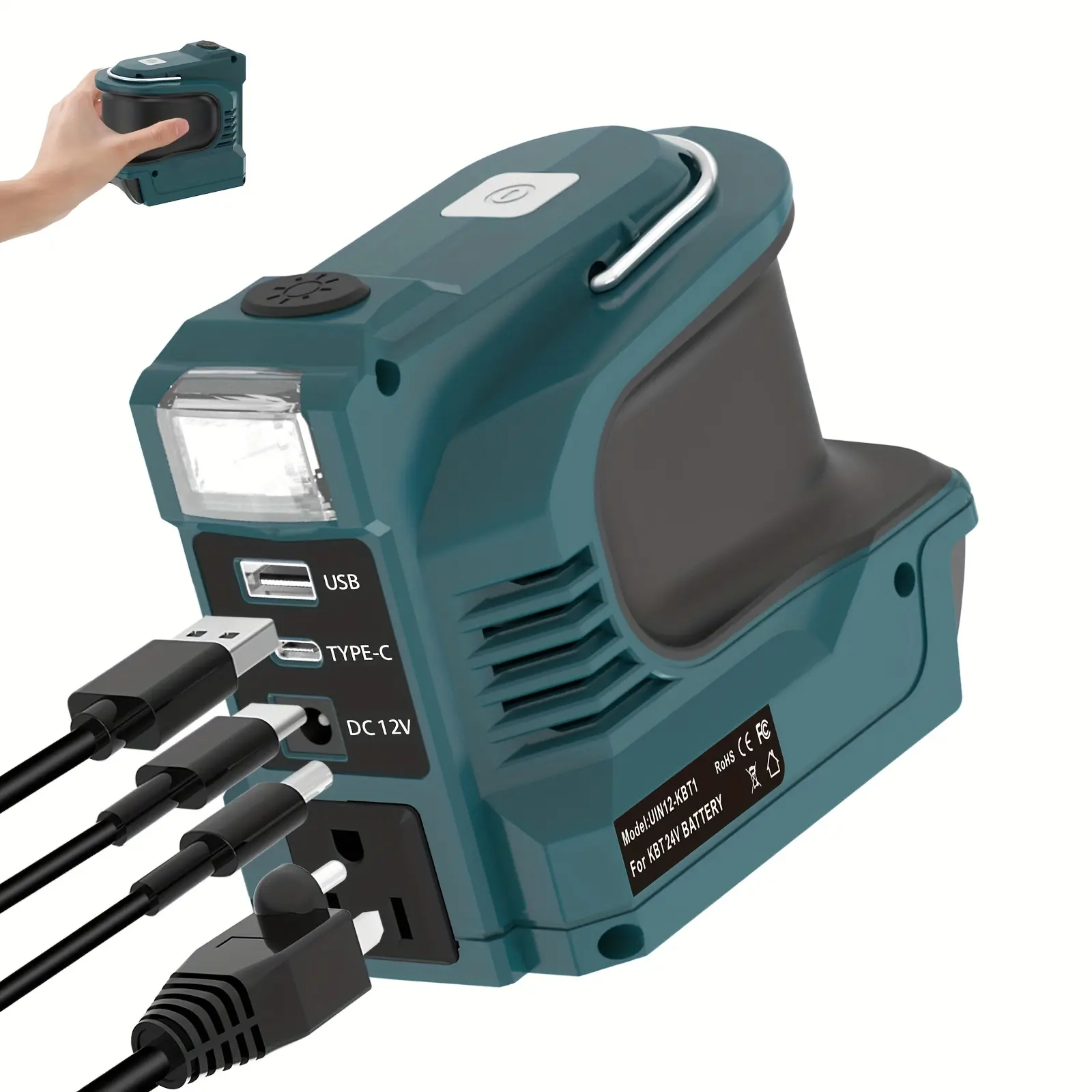 220W Power Inverter Compatible For Makita 18V Battery, DC 20V To AC 110V Portable Power Station With 1 AC Outlet, 1 USB Ports &5A DC Round Port& 1 Type-C Fast Charging, 400LM LED Work Light