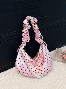 1pc Ladies' cute polka dot shoulder bag, pleated elastic shoulder strap design, aesthetic retro cloud bag with "Fate Astra" label, sweet casual daily perfect for spring and summer wear
