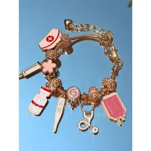 Pink Nurse Hat DIY Charm Bracelet, Medicine Bottle & Syringe Pendant Charm Bracelet, Pink Nurse Stethoscope DIY Bracelet, Pink Cosplay Bracelet
