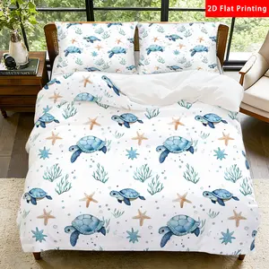 2/3 Pcs 2D Flat Sea Life Themed Duvet Cover Set Sea Turtle Starfish Coral Bedding Set Quilt Cover 1 Duvet Cover + 1/2 Pillowcases Ocean Inspired Top Sheet Decorative Bedding Bedroom Decor Bedding Supplies