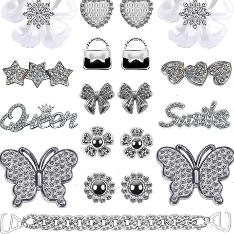 Women's & Child's Cute 18-Piece Shiny Rhinestone Diamond Set - Slide & Water Shoe Decor Charms, Butterfly, Flower, Chains, Letters, Lightweight, Fall-Resistant Christmas Shoe Accessories, One Size