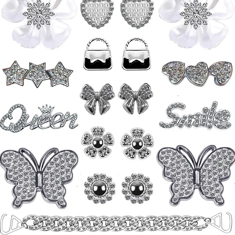 Women's & Child's Cute 18-Piece Shiny Rhinestone Diamond Set - Slide & Water Shoe Decor Charms, Butterfly, Flower, Chains, Letters, Lightweight, Fall-Resistant Christmas Shoe Accessories, One Size