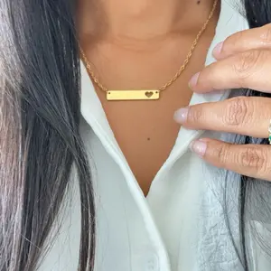 Name Bar Necklace - Spanish and English Engraved Heart Cutout Gold-Tone Chain Necklace for Personalization