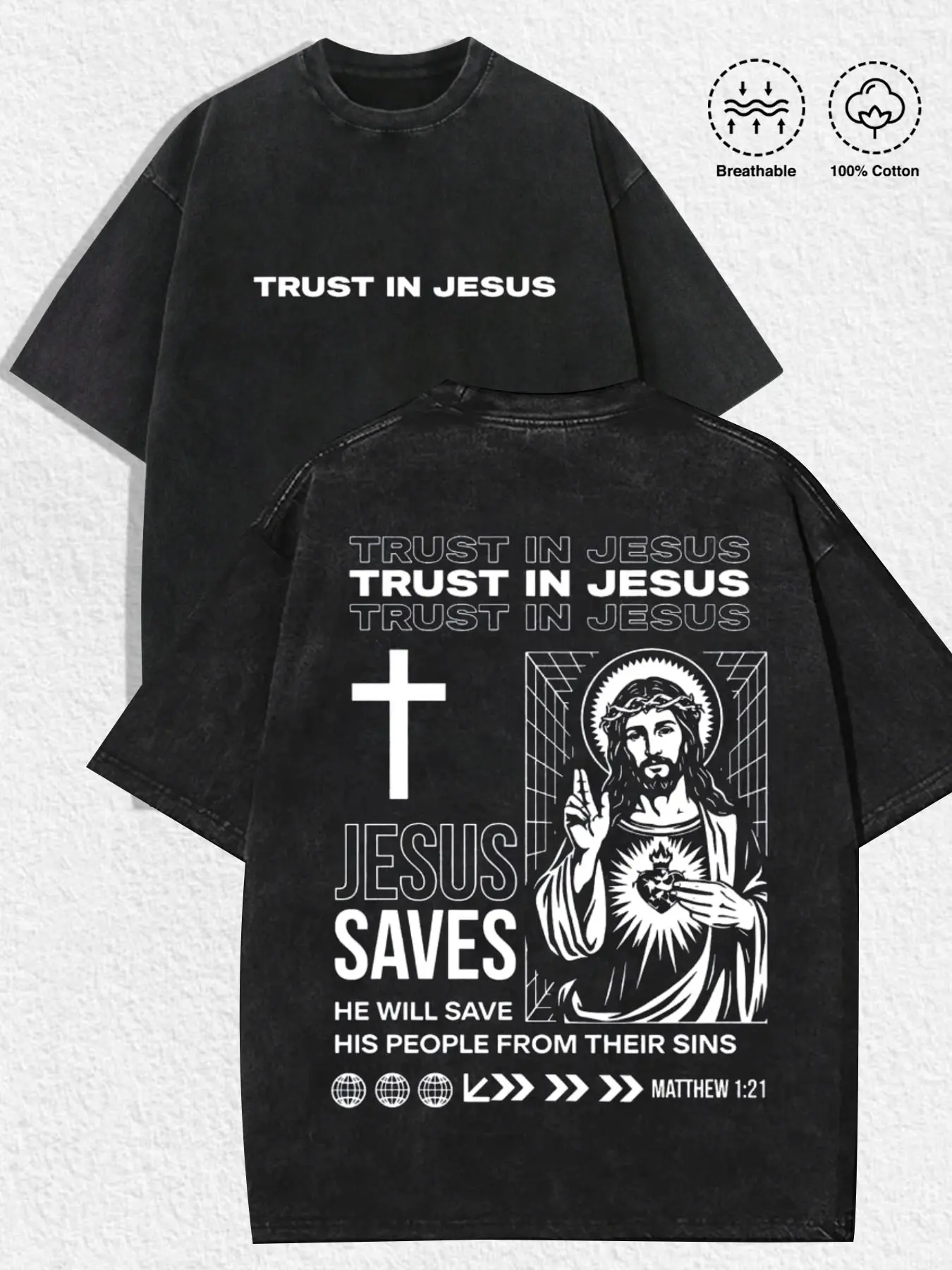 1 PCS Trust In Jesus Jesus Saves Front Slogan & Back Sacred Heart Cross Matthew 1:21 Bible Verse Vintage Graphic Print, Retro Christian Faith Religious Streetwear, Breathable Unisex Tee For Church Believers Casual Daily Outfit