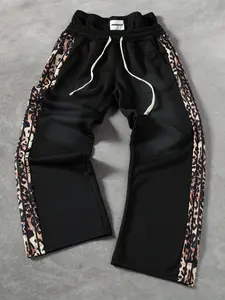 Y2K Streetwear Baggy Wide Leg Sweatpants - Black Leopard Side Stripe Track Pants - High Waisted Drawstring Casual Trousers for Hip Hop Dance & Daily Lounge Casual Sporty Trousers