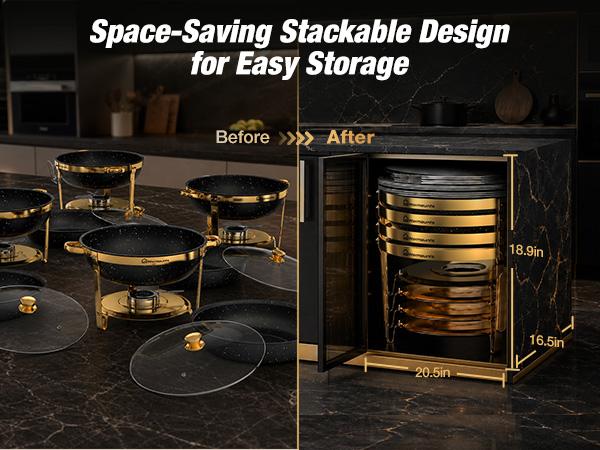 WARMOUNTS 9QT Gold Round Chafing Dishes Display Set - Maifanite-Coated Stainless Steel Food Warmers with Glass Lid Holder, Rolled-Edge Design, Stackable Storage for Catering Events, Maifanite Coat, Round Shape