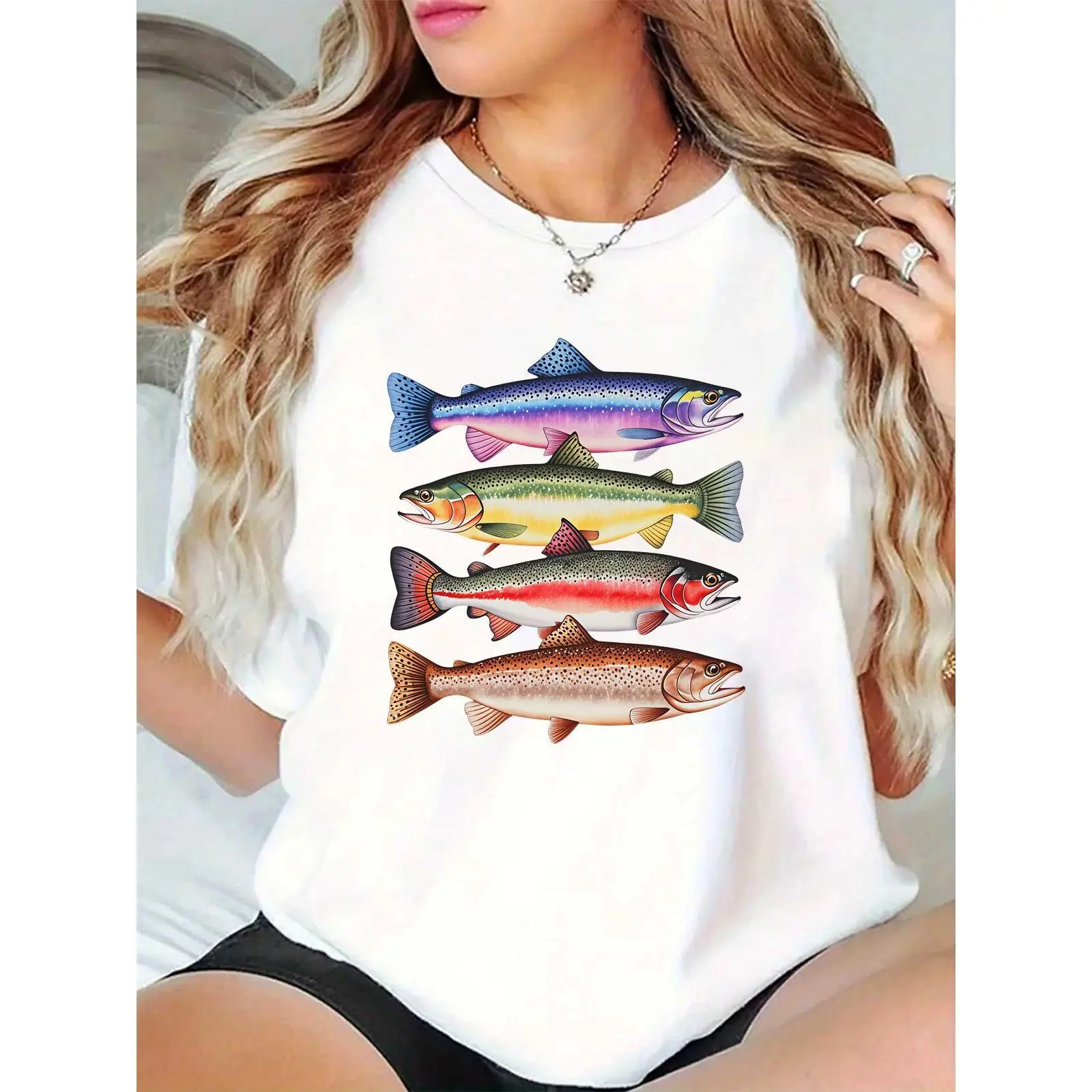 Women's 100% Cotton Crew Neck Tshirt - White, Lightweight, Breathable, Colorful Trout Fish Print, Casual, All Seasons, for Outdoors Fishing Trips, Daily Outings (Fishing Lovers)