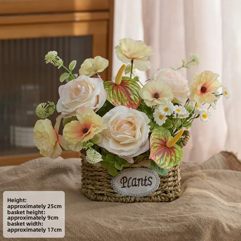 Elegant Rose Flower Basket, Faux Floral Arrangement for Living Room & Dining Table Decor White Babys Breath Bouquet Elegant Rose Flower Basket, Faux Floral Arrangement for Living Room & Dining Table Decor White Babys Breath Bouquet