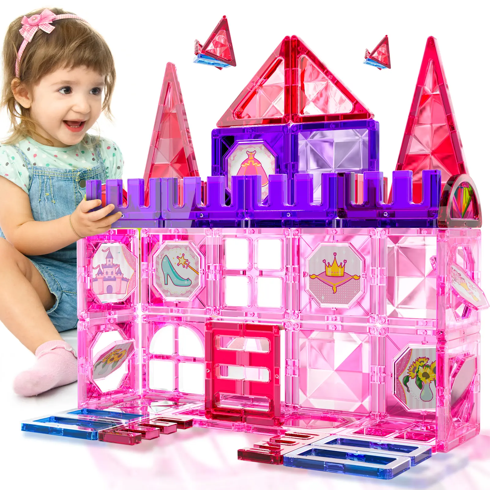 54-Piece Princess-Themed Colorful Magnetic Tiles Set - BPA-Free Plastic, Diamond Translucent Window, Strong Magnets, DIY, Open-Ended Play, STEM Building Toys, Children Development for 3-8 Years, Kids Gift Ideas