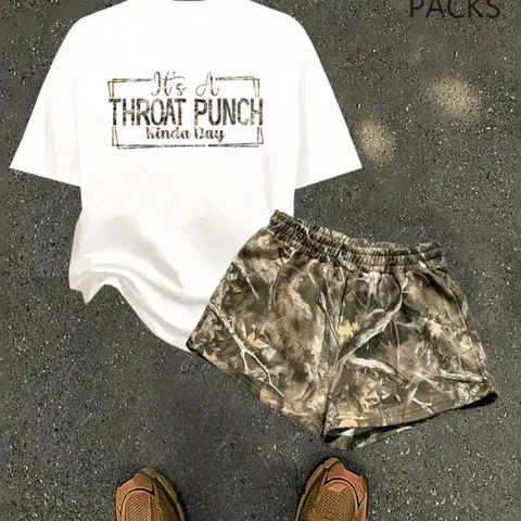 Women's Letter Tree Print Casual T-Shirt and Shorts Set, Summer Fitted Two-Piece, Comfortable Daily Wear, All Seasons