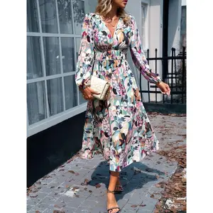 Women’s all-over print V-neck A-line dress with elegant bishop sleeves, suitable for autumn and winter; ideal for vacations and parties. GARMENTARY
