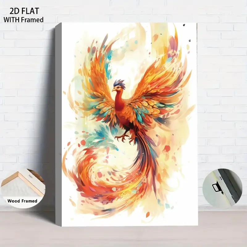 1Pcs Framed 2D Flat Phoenix Nirvana Abstract Art Canvas Painting Modern Home Living Room Entrance Decorative Painting Framed Wall Art Colorful Feather Bird Mural Nordic Style Bedroom Wall Decor Art Gi