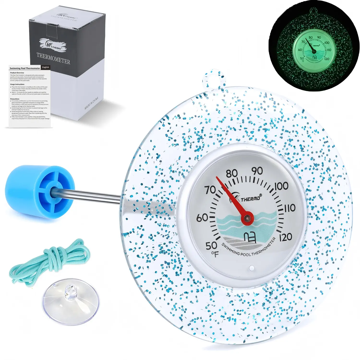 Glow Dial Floating Pool Thermometer Easy Read - Glitter Water Temp Gauge