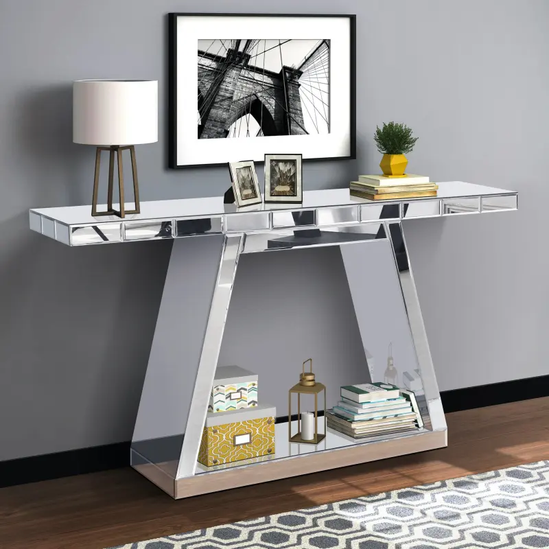 Mirror Console Table for Living Room 55" Modern Mirrored Entryway Table with Crystal Trapezoid Base Luxury Glass Foyer Tables for Entryway Hallway