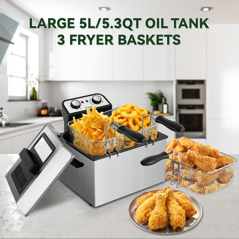 SUSTEAS Electric Deep Fryer with 3 Baskets 4 Liter Oil Capacity Cool Touch Sides Dishwasher Safe Adjustable Temperature Control with Viewing Window for Home Use - Lid Design