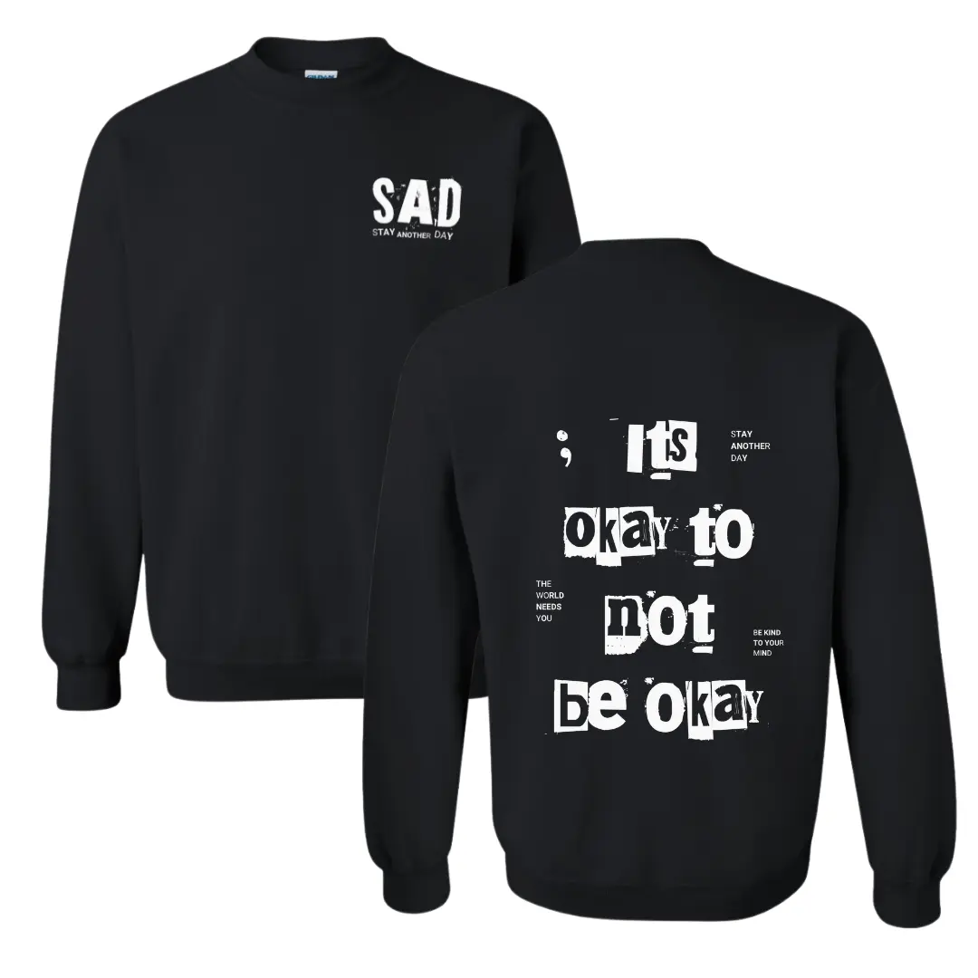 Stay Another Day Men's Mental Health Awareness 2.0 Graphic Hoodie - "It's Okay To Not Be Okay" Print, Menswear Streetwear Casual Crewneck Pullover, Long Sleeve Round Neck Sweatshirt, Biker Top