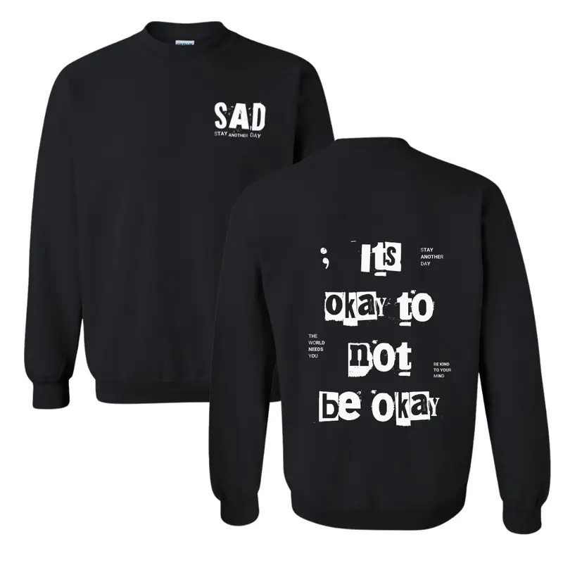 Stay Another Day Men's Mental Health Awareness Print Hoodie - Bold "It's Okay To Not Be Okay" Print, Longsleeves, Hoodies Streetwear, Casual Unisex Cut, Easy to Style Pullover, Charcoal, 2X/3X/5X Men's Sweatshirt