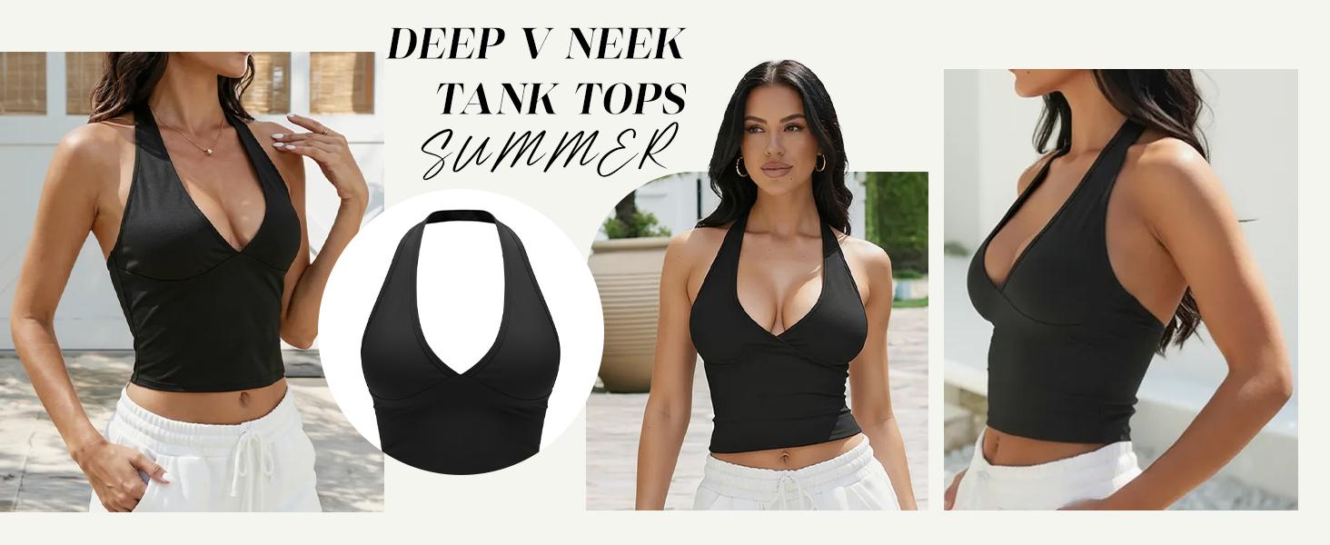 ETCYY Sexy Deep V Neck Halter Crop Top for Women – Black Slim Fit Workout Tank Top,Women's Breathable Sports Tank Top,urban tank top bra style,Stretchy Soft Sleeveless Camisole for Yoga, Gym, Club, Summer Casual Wear, Tank Top for Women,Tank Tops,