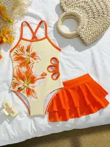 Girls' Lily Print One-Piece Swimsuit with Matching Short Skirt, Fashion Casual Two-Piece Set, Waist Petal Cut-Out Design
