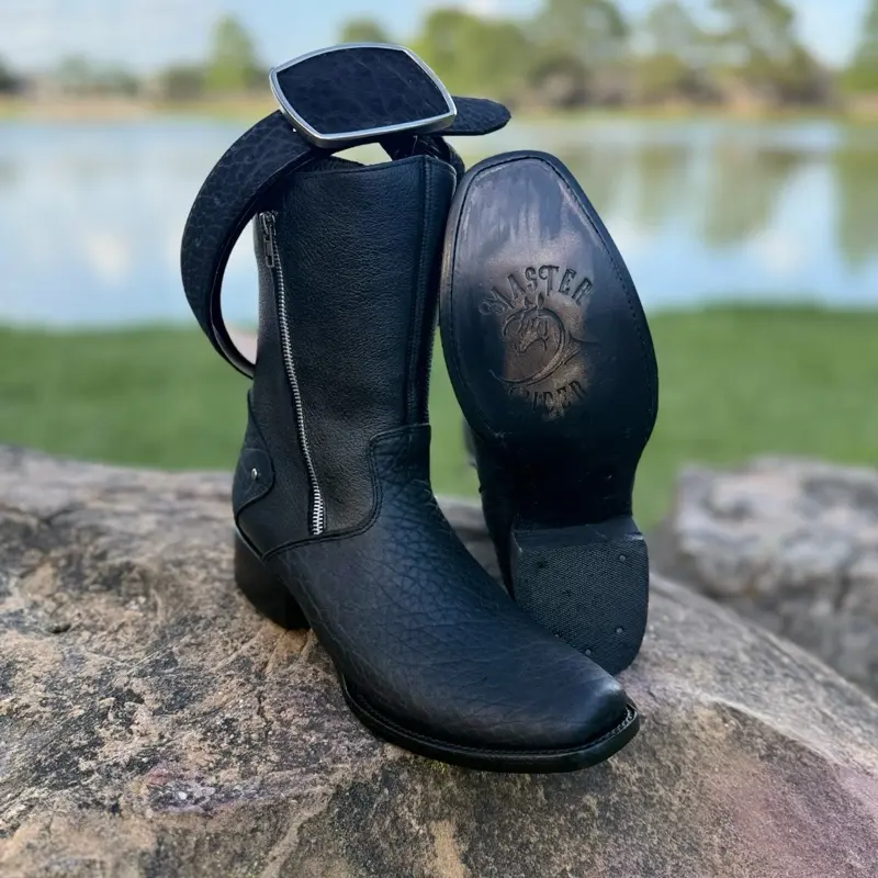 CUELLO DE TORO - Black Leather Western Boots with Zipper Closure and Comfortable Sole