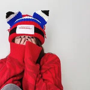 Loverboy Hat Red and Blue Striped Pig Hat Cat Ear Knitted Hat Warm Knit Beanie