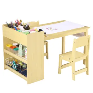Kids Art Table with 2 Chairs - Toddler Craft Desk with Large Storage Shelves for Drawing & Writing - Perfect for Nursery, Daycare, & Home，Yellow modern organizer