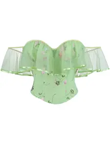 Light Green Mesh Floral Embroidery Off Shoulder Corset Top, Ruffle Strapless Bustier, Fairycore Cottagecore Outfit for Party Festival Date Night