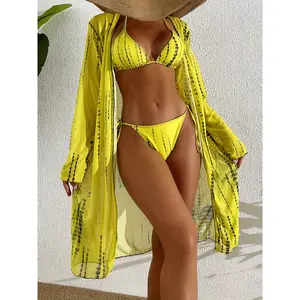 Trendy Tie Dye Striped Bikini Three Pieces Set, Solid Bra & Panty & Cover Up for Beach Wear, Women's Swimwear