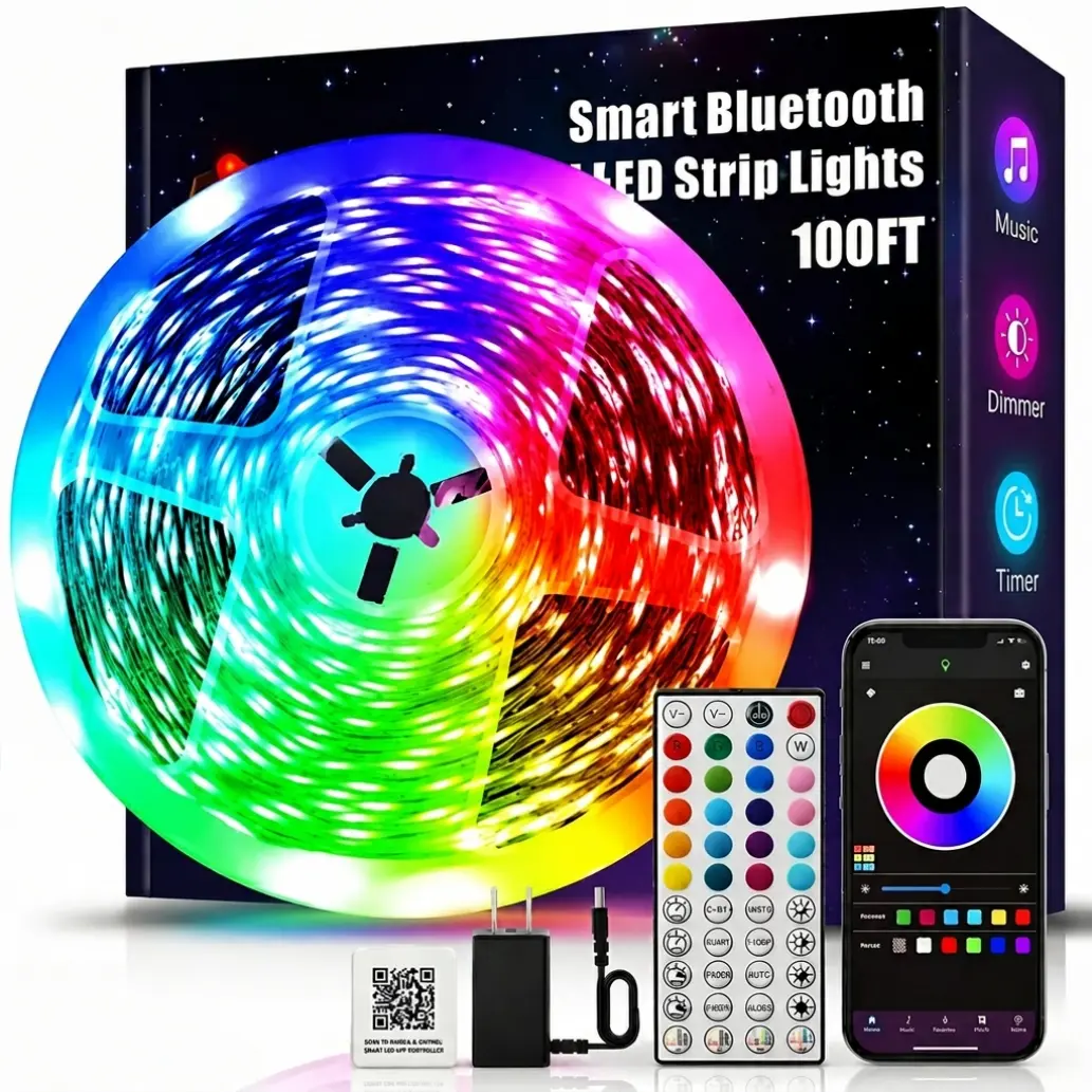 100FT Smart RGB LED Strip Lights Color Changing – Includes Power Supply and Controller, Easy Installation, Multifunctional Lighting for Bedroom Home Party Decor