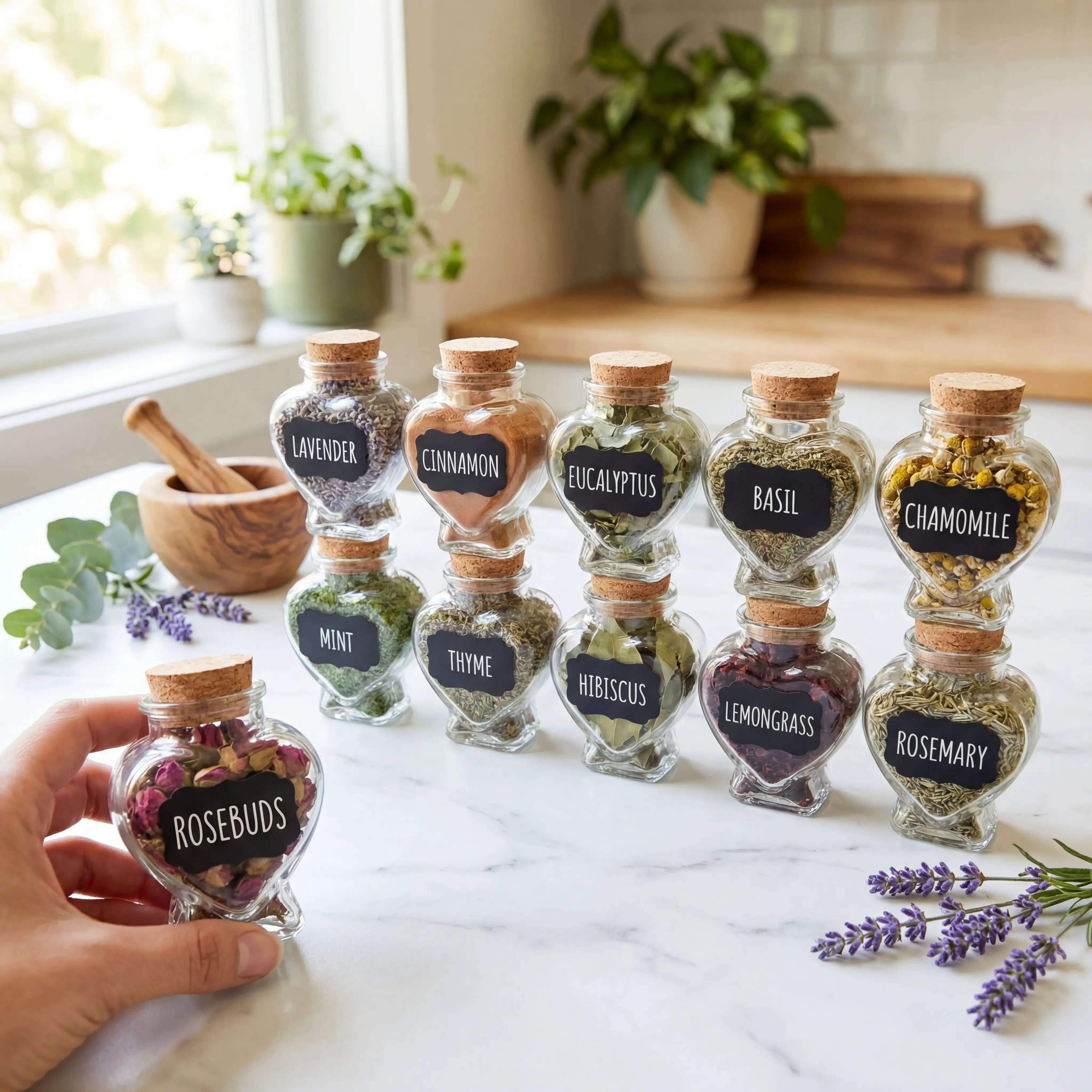 20-Pack Heart-Shaped Glass Bottles - DIY Handicraft Supplies for Valentine's Day Self-Care, Dried Herbs, Herb Mix, Candle & Soap Making