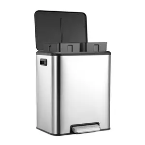 Kitchen Trash Can, 2 x 4 Gallon (2 x 15 L) Stainless Steel Trash and Recycle Bin Combo with Soft-Close Lid, Dual Compartment Recycling Kitchen Step Trash Bin with Recycling Bin